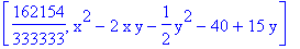 [162154/333333, x^2-2*x*y-1/2*y^2-40+15*y]